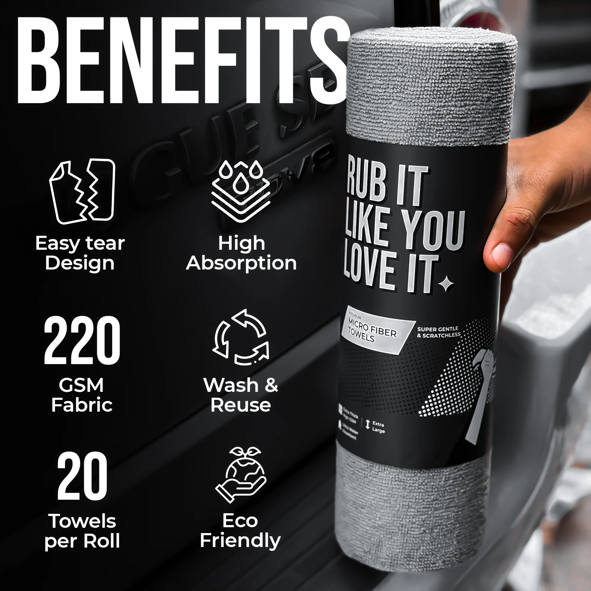 CAR101 Rip Rolls | 220 GSM Microfiber Towel Roll | 20 Units/Roll of tearable & reusable microfibre towels. - Image 4